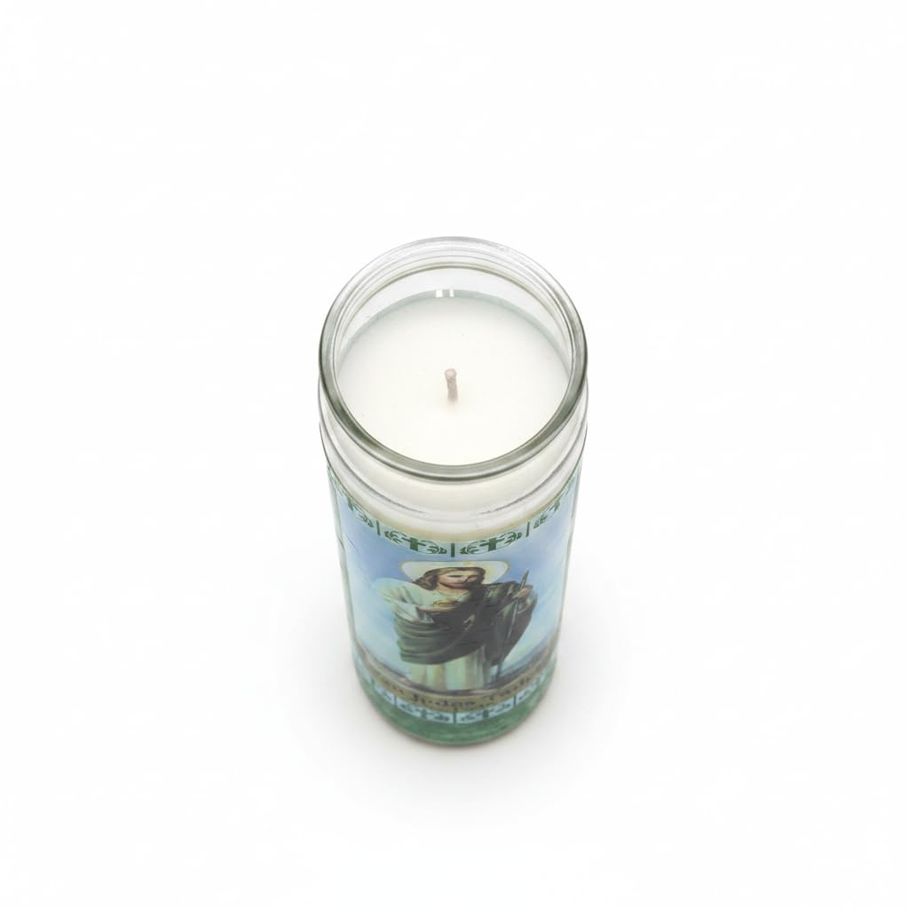 Velón San Judas Tadeo - Vela de Oración de 7 Días - 100% Parafina Verde en Envase de Cristal - Cirio para Peticiones y Causas Imposibles - Goya - Duración 110 Horas - 1 Unidad - NEXU