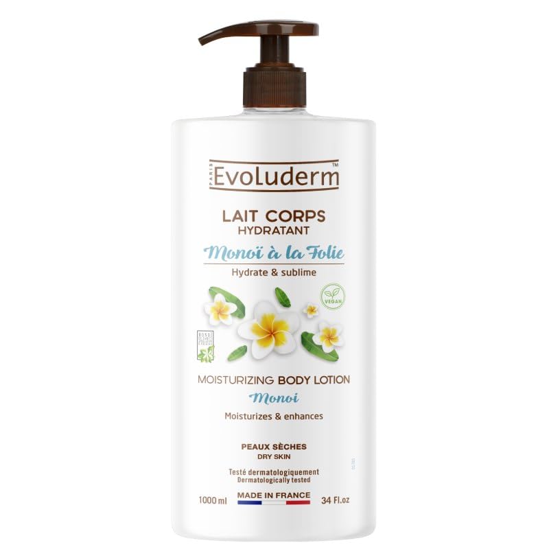 EVOLUDERM - Leche corporal hidratante Monoï con lámina – 1000 ml – Ingredientes de origen natural – Vegano – Fabricado en Francia