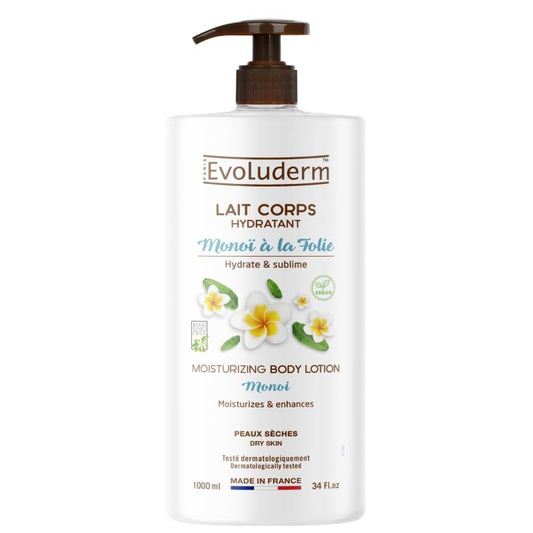 EVOLUDERM - Leche corporal hidratante Monoï con lámina – 1000 ml – Ingredientes de origen natural – Vegano – Fabricado en Francia