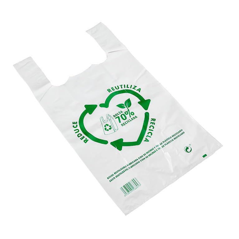 Bolsas plástico. Bolsas asas plástico. Bolsa Camiseta 50 micras 70% reciclado BLANCAS. Bolsa con asas. PACK de 50 unidades. Alta resistencia. (B50x60_)
