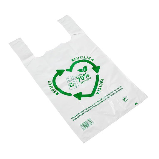 Bolsas plástico. Bolsas asas plástico. Bolsa Camiseta 50 micras 70% reciclado BLANCAS. Bolsa con asas. PACK de 50 unidades. Alta resistencia. (B50x60_)