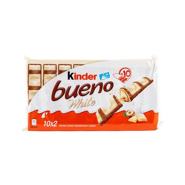 Chocolate White Pack de 10 Paquetes 2 uds c/u (20 Barritas) - Barquillo Crujiente Relleno de Leche y Avellanas con Chocolate Blanco - Formato Ahorro de 390g - Ideal para Merienda o Snack - NEXU