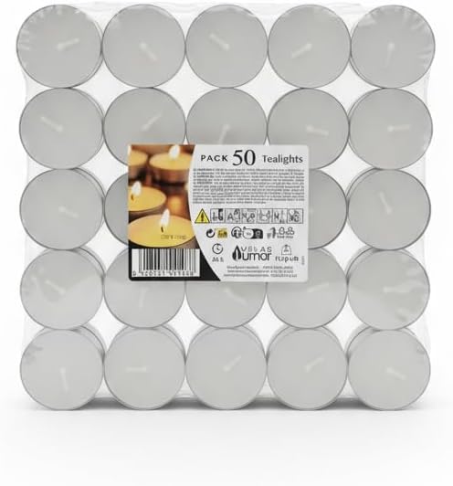 VELAS Lumar Pack de 50 Velas de Té (Tealights) de Larga Duración (4 Horas), Velas Pequeñas de Parafina para Decoración, Iluminación de Eventos y Quemadores de Esencia, Fabricado en España