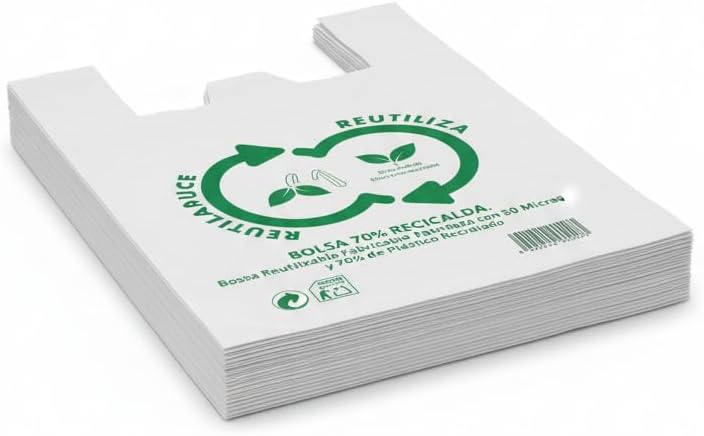 Bolsas Tipo Camiseta | Plástico 70% Reciclado · Tamaño 35x50 cm | 100 Uds | Aptas Uso Alimentario, Resistentes, Reutilizables | Cumple todas las normativas