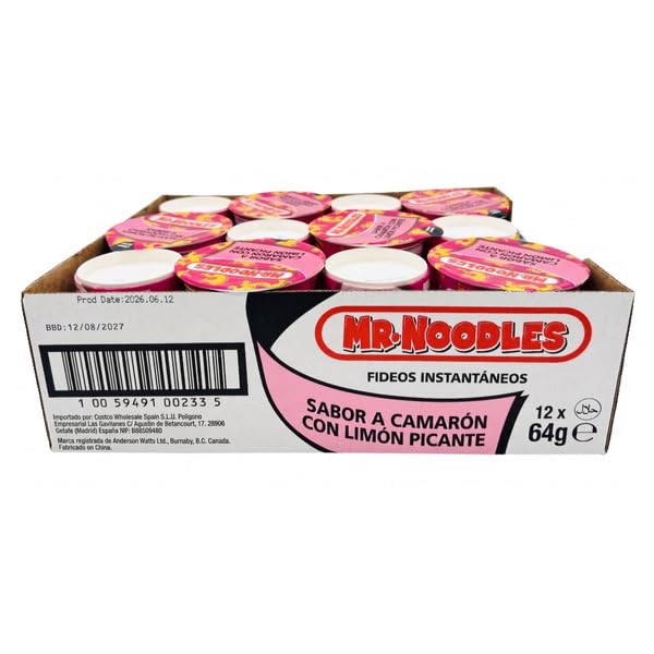 Fideos Instantáneos Sabor Camarón con Limón Picante - Pack de 12 Vasos de 64g - Sopa de Fideos Orientales Listos en 3 Minutos -Mr. Noodles - Ideal para Oficina o Viajes - NEXU
