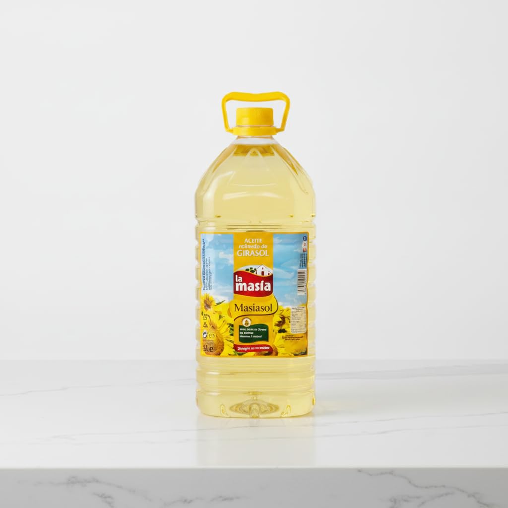 Aceite de Girasol Refinado - Garrafa 5 Litros - Rico en Vitamina E, Acidez Máxima 0,2º, Sin Aditivos - Ideal para Frituras y Repostería - La Masía - Formato Ahorro con Asa Ergonómica - NEXU