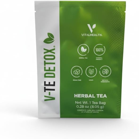 VITALHEALTH V-TE DETOX Té Herbal Original – Detoxificación Natural con Senna y Cardo Mariano | Vegano, Sin Azúcar | Rinde 4 litros | Bienestar Digestivo