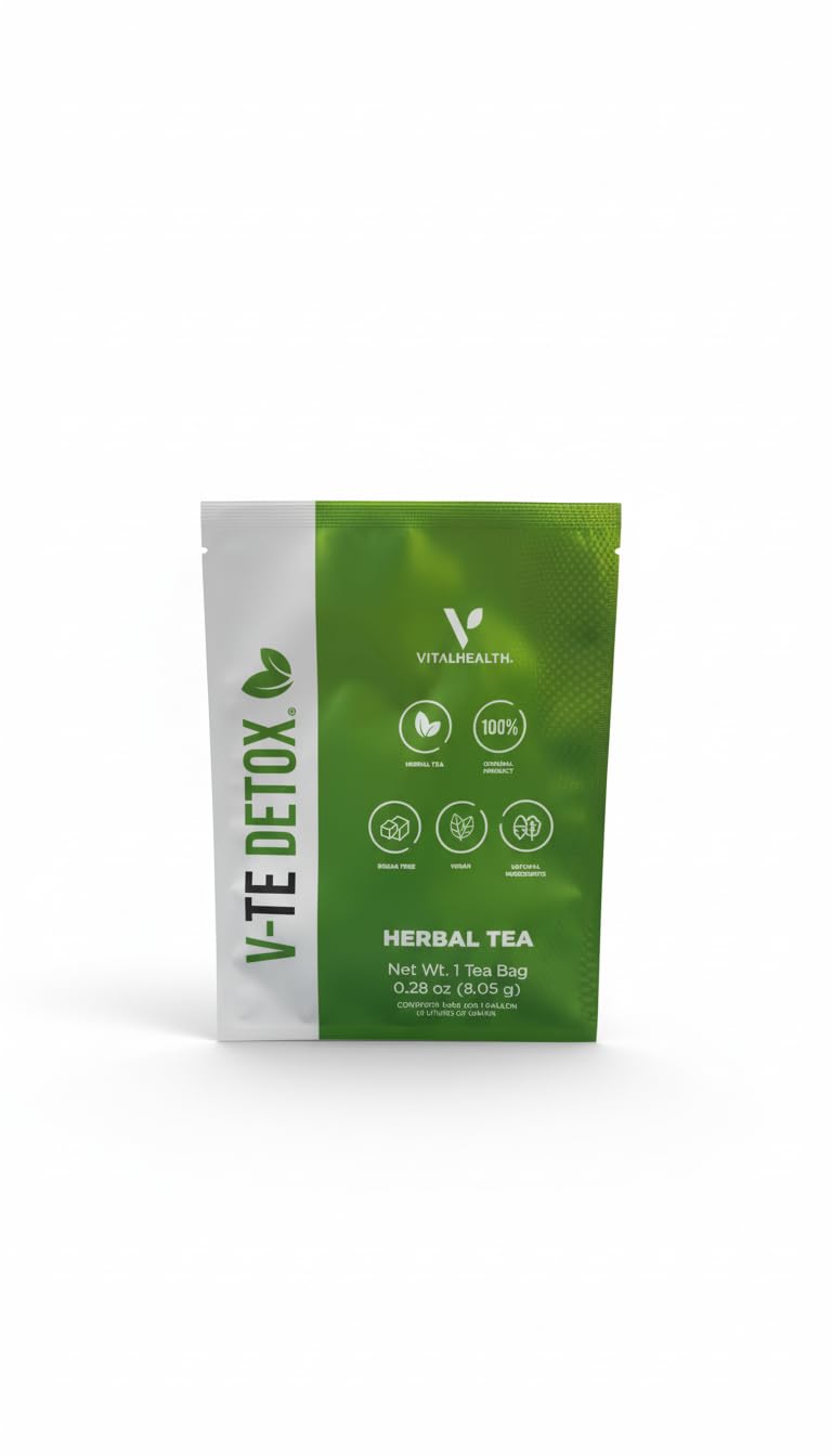 VITALHEALTH V-TE DETOX Té Herbal Original – Detoxificación Natural con Senna y Cardo Mariano | Vegano, Sin Azúcar | Rinde 4 litros | Bienestar Digestivo