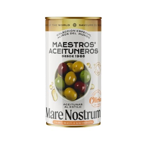 Maestros Aceituneros Aceitunas Aliñadas Mare Nostrum – Sabores del Mundo – Lata 1400 g Neto (700 g Escurrido)