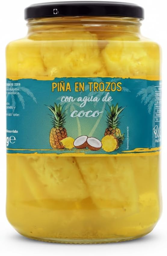 Piña en Trozos con Agua de Coco 1190g - Snack Saludable 100% Natural sin Azúcares Añadidos - Fruta en Tarro de Cristal - We Natural - Ideal para Deportistas y Ensaladas - 69 kcal por 100g - NEXU