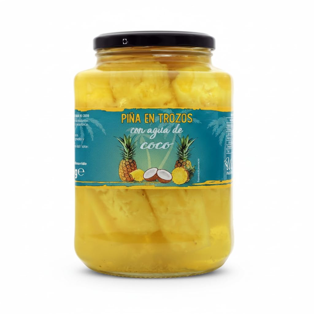 Piña en Trozos con Agua de Coco 1190g - Snack Saludable 100% Natural sin Azúcares Añadidos - Fruta en Tarro de Cristal - We Natural - Ideal para Deportistas y Ensaladas - 69 kcal por 100g - NEXU
