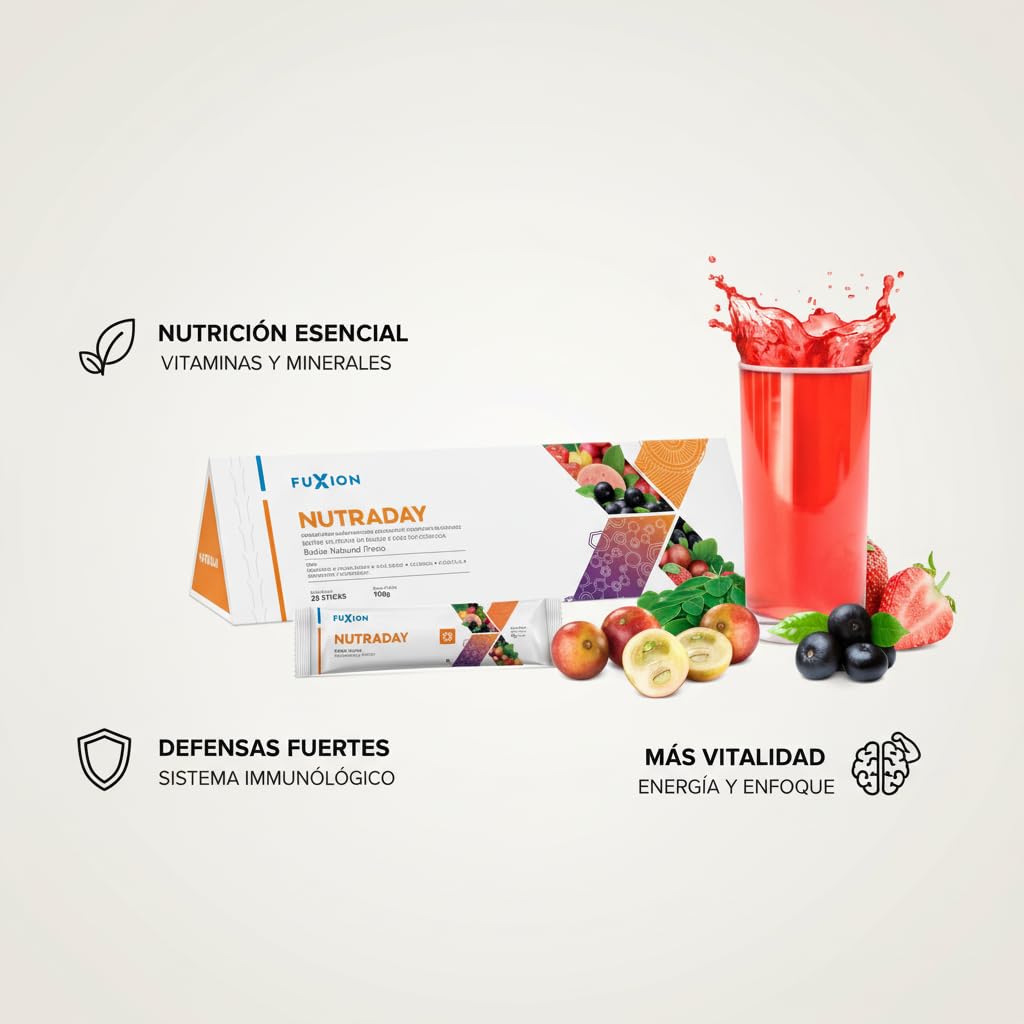 FUXION - NUTRADAY Bebida de Fresa Natural con Moringa, Vitaminas y Minerales | Suplemento para Vitalidad y Defensas | Apoyo Inmunitario y Energía para Toda la Familia 1 caja con 28 stick