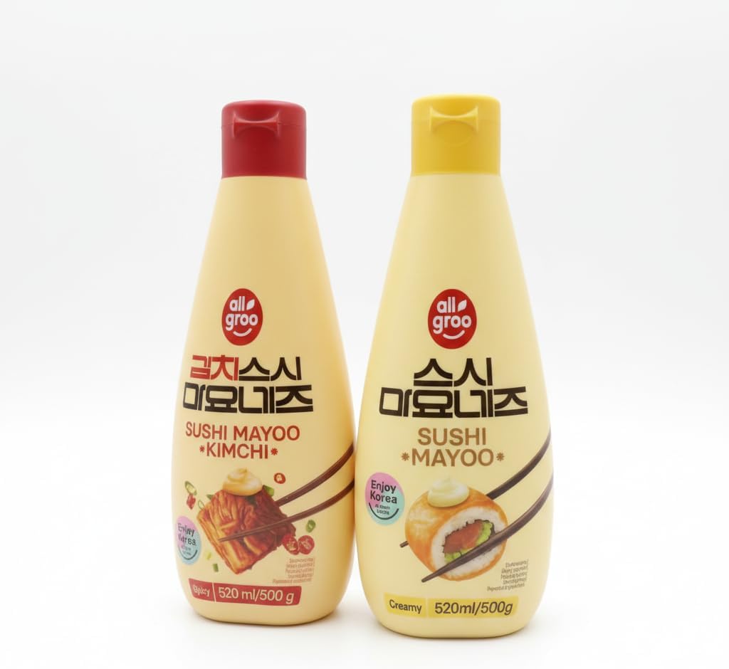 Pack de 2 Mayonesas para Sushi: Original Cremosa y Kimchi Picante - 2 x 520 ml - Allgroo - | Salsa Coreana para Sushi, Poke Bowls y Kimbap con Dispensador de Precisión - NEXU