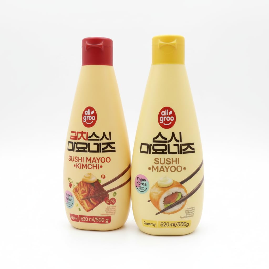 Pack de 2 Mayonesas para Sushi: Original Cremosa y Kimchi Picante - 2 x 520 ml - Allgroo - | Salsa Coreana para Sushi, Poke Bowls y Kimbap con Dispensador de Precisión - NEXU