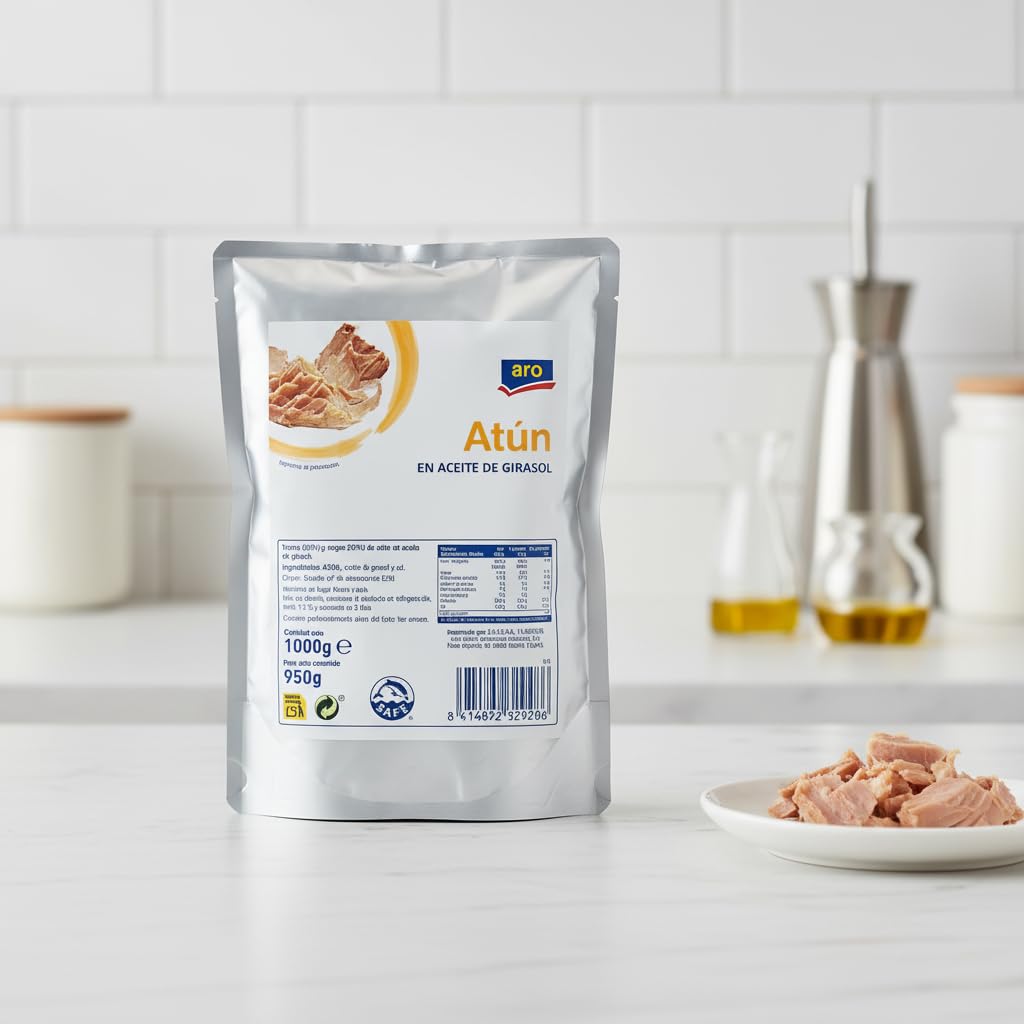 Atún en Aceite de Girasol - Formato Ahorro Pouch 1kg (950g Escurrido) - Mezcla Trozos y Migas - Alto en Proteínas - Aro - Certificado Dolphin Safe - Ideal para Hostelería y Catering - NEXU
