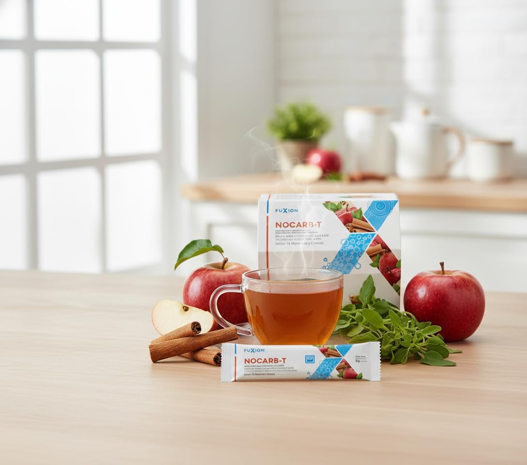 FUXION - NOCARB T | Té de Fibras Solubles Naturales (Yacón, Acacia, Inulina, Pectina de Manzana) + Canela + Té Verde + Cromo | Control de Azúcar y Carbohidratos | Sabor Manzana & Canela | 1 Caja de 28 Sticks