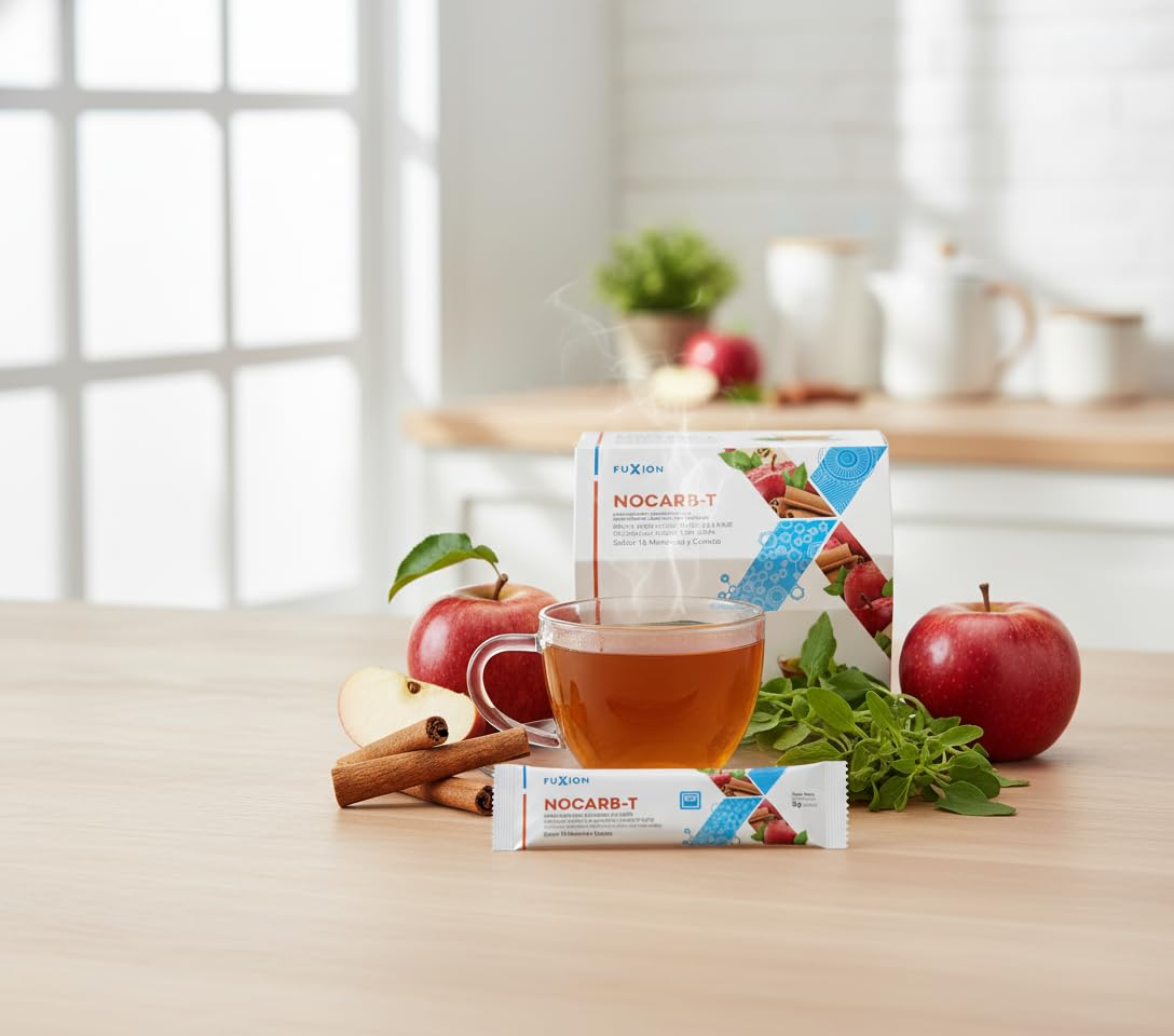 FUXION - NOCARB T | Té de Fibras Solubles Naturales (Yacón, Acacia, Inulina, Pectina de Manzana) + Canela + Té Verde + Cromo | Control de Azúcar y Carbohidratos | Sabor Manzana & Canela | 1 Caja de 28 Sticks
