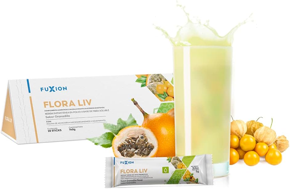 FUXION - Flora LIV – Té Frutal en Polvo | Fibra Prebiótica | Sabor Granadilla Dulce + Aguaymanto | Equilibrio de la Flora Intestinal y Defensas Naturales | MEJOR SALUD DIGESTIVA| 1 Caja con 28
