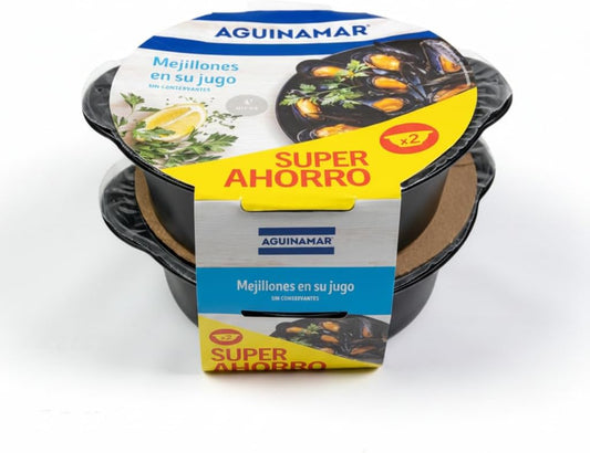 Mejillones en su Propio Jugo - Pack Super Ahorro de 2 Unidades - Listos en 4 Minutos al Microondas - Sin Conservantes Añadidos - Aguinamar - Sabor Natural del Mar - NEXU