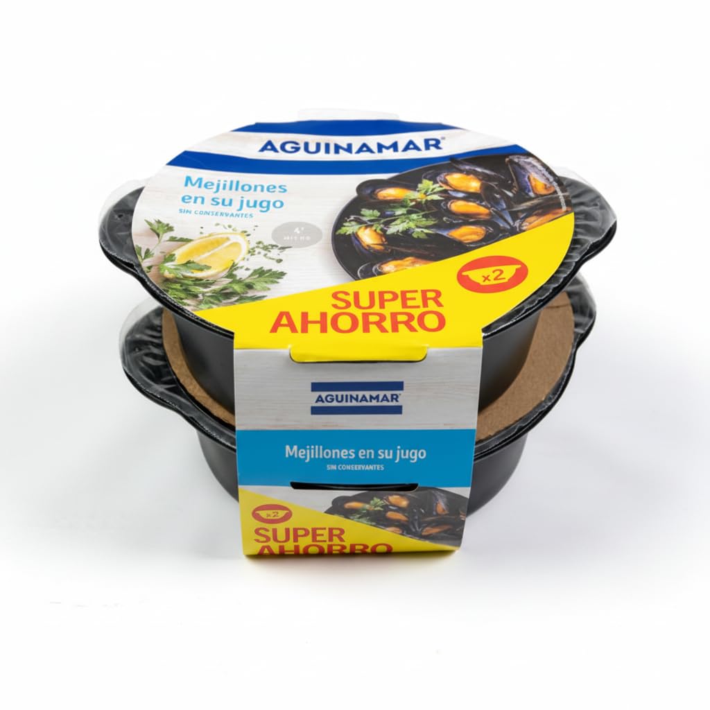 Mejillones en su Propio Jugo - Pack Super Ahorro de 2 Unidades - Listos en 4 Minutos al Microondas - Sin Conservantes Añadidos - Aguinamar - Sabor Natural del Mar - NEXU