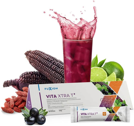 FUXION - Vita XTRA T – Bebida Instantánea de Maíz Morado con Té Verde, Açaí, Cordyceps, Goji, Maca y Ginseng | Energía Natural y Antioxidantes | 1 Caja con 28 Sticks (140 g) | Sabor A Maíz Morado