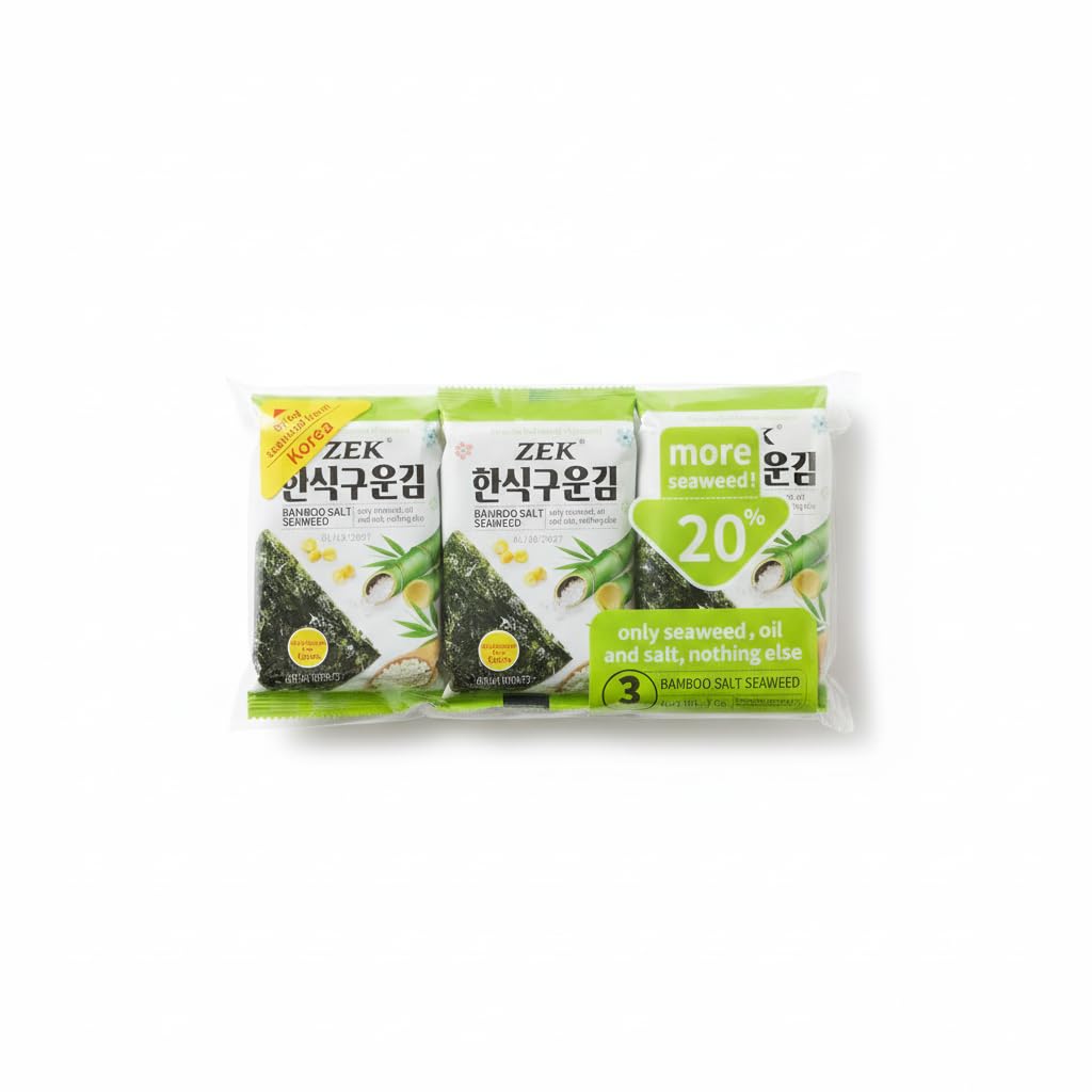 Algas Nori Tostadas con Sal de Bambú Coreanas - Pack de 3 (15g) - Aperitivo de Algas Marinas Crujientes y Naturales - Ideal para Sushi, Arroz o Snack Saludable - Sin Aditivos Artificiales - NEXU