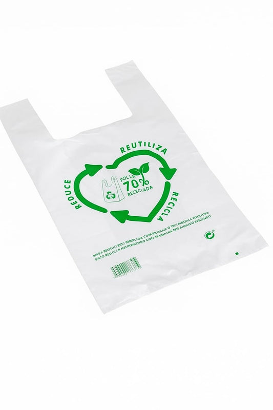 Bolsas plástico. Bolsas asas plástico. Bolsa Camiseta 50 micras 70% reciclado BLANCAS. Bolsa con asas. PACK de 50 unidades. Alta resistencia. (B30X40_)
