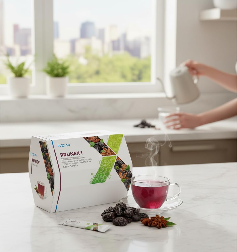 FUXION - Prunex 1 Té Detox en Polvo para Limpieza y Desintoxicación del Colon Infusión Instantánea Natural 1 Caja con 28 Sobres Tránsito Intestinal Saludable Sabor a Ciruela Pasa Linaza Kelp y Anís Estrella