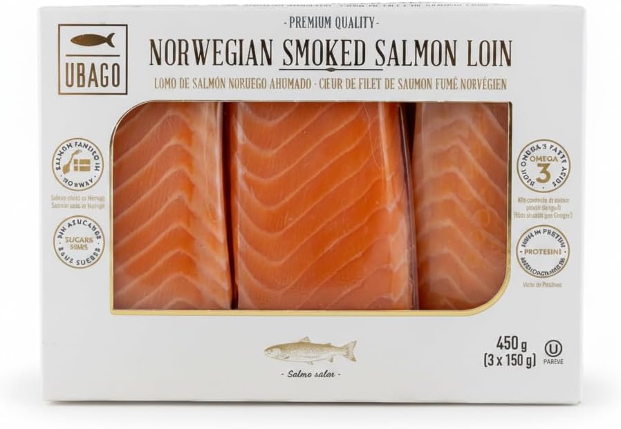 Lomo de Salmón Noruego Ahumado - Pack de 450 g (3 unidades x 150 g) - Alto en Omega-3 y Proteínas - Salmón de Noruega Seleccionado para Sashimi, Tostas y Aperitivos - Ubago - Sin Gluten - NEXU