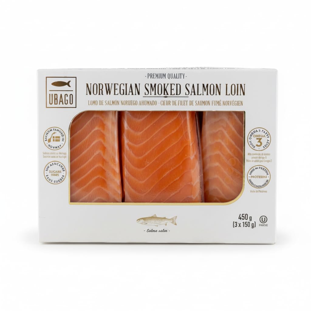 Lomo de Salmón Noruego Ahumado - Pack de 450 g (3 unidades x 150 g) - Alto en Omega-3 y Proteínas - Salmón de Noruega Seleccionado para Sashimi, Tostas y Aperitivos - Ubago - Sin Gluten - NEXU