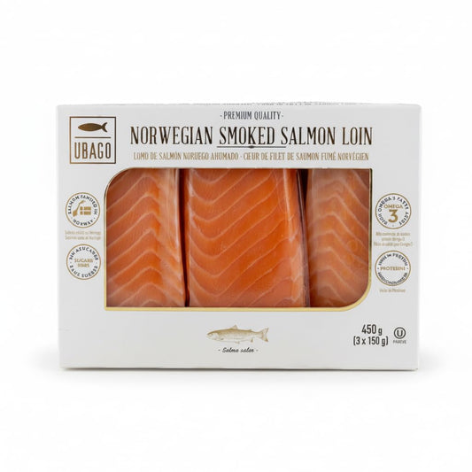 Lomo de Salmón Noruego Ahumado - Pack de 450 g (3 unidades x 150 g) - Alto en Omega-3 y Proteínas - Salmón de Noruega Seleccionado para Sashimi, Tostas y Aperitivos - Ubago - Sin Gluten - NEXU