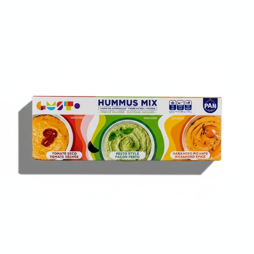 Pack de 3 Hummus Variados - Tomate Seco, Estilo Pesto y Habanero Picante - 3 x 250g (750g) - Aperitivo Saludable de Garbanzos y Sésamo para Dipear - GUSTO by P.A.N. - NEXU