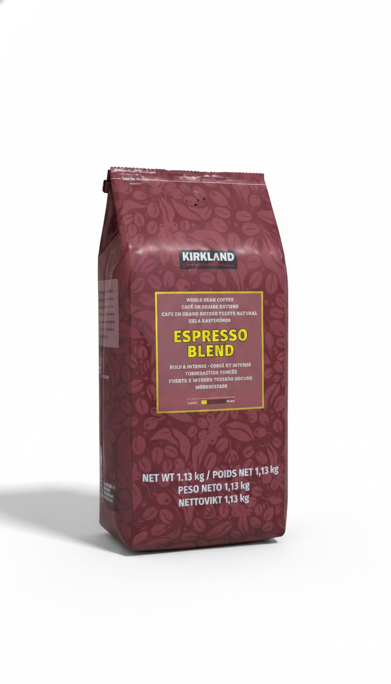 Café Espresso Blend - Kirklan en Grano Entero 1,13 kg, 100% Arábica, Tueste Natural Oscuro, Sabor Fuerte e Intenso, Ideal para Cafeteras Espresso y Automáticas