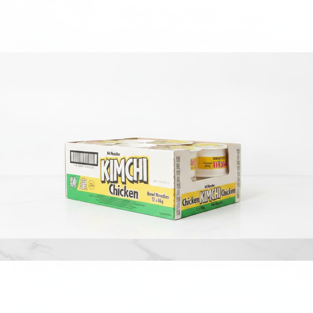 Pack de 12 Fideos Instantáneos Sabor Pollo Kimchi en Bol - 12 x 86g - Ramen Coreano Picante con Verduras - Comida Rápida y Deliciosa - Mr. Noodles - Certificación Halal - NEXU