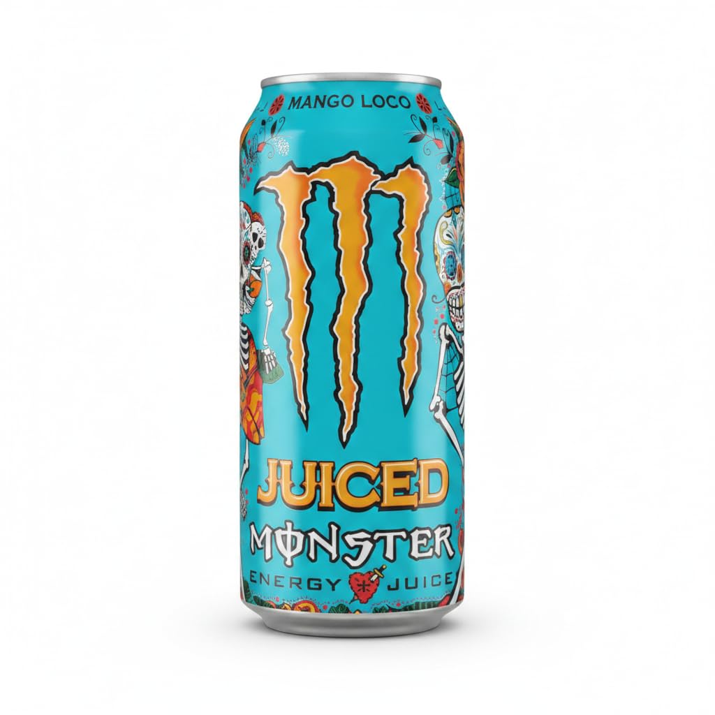 Juiced Mango Loco - Bebida Energética con 9% de Zumo de Frutas Exóticas - Lata de 500ml - Mezcla Energizante con Taurina, Cafeína y Vitaminas del Grupo B, Sabor Mango y Frutas Tropicales - NEXU