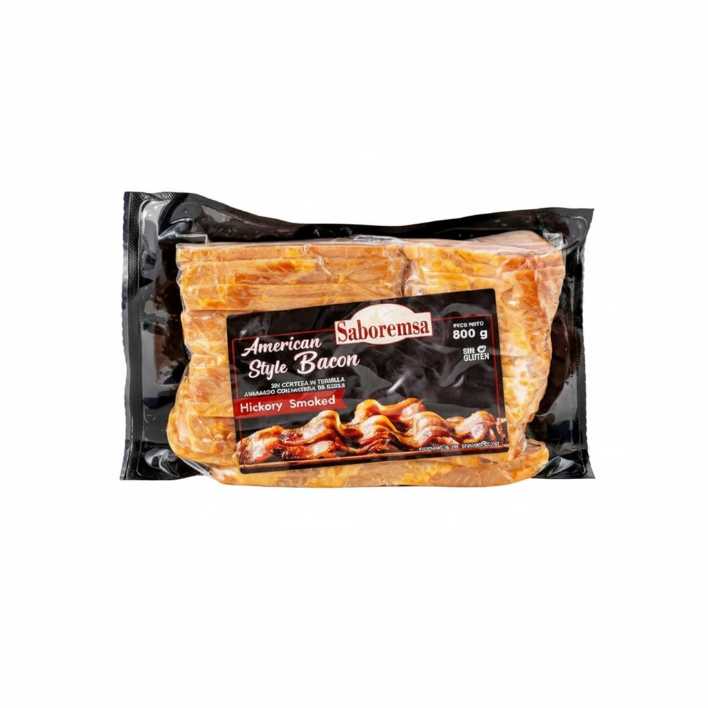 Bacon Estilo Americano Ahumado con Madera de Roble 800g - Tocino Ahumado, Sin Gluten y Sin Corteza - Saboremsa - Ideal para Desayunos y Hamburguesas - NEXU