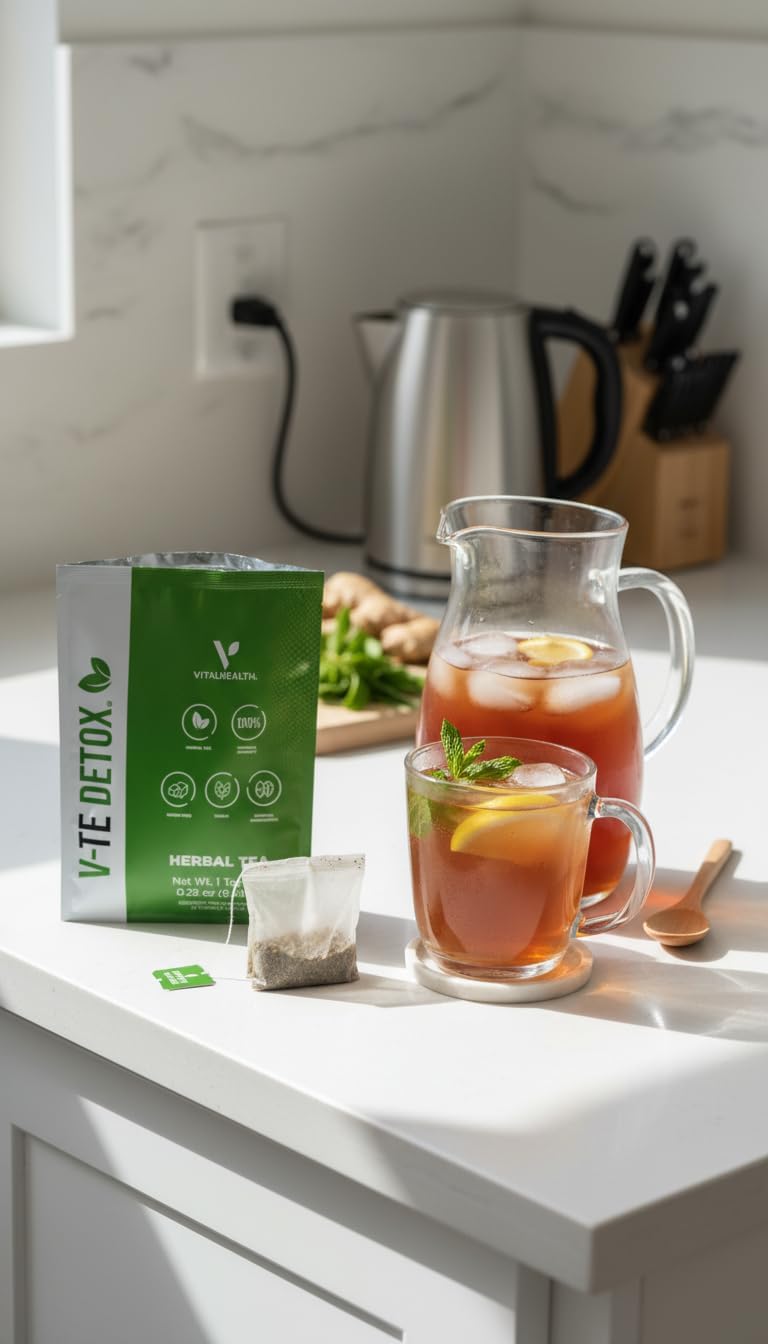 VITALHEALTH V-TE DETOX Té Herbal Original – Detoxificación Natural con Senna y Cardo Mariano | Vegano, Sin Azúcar | Rinde 4 litros | Bienestar Digestivo