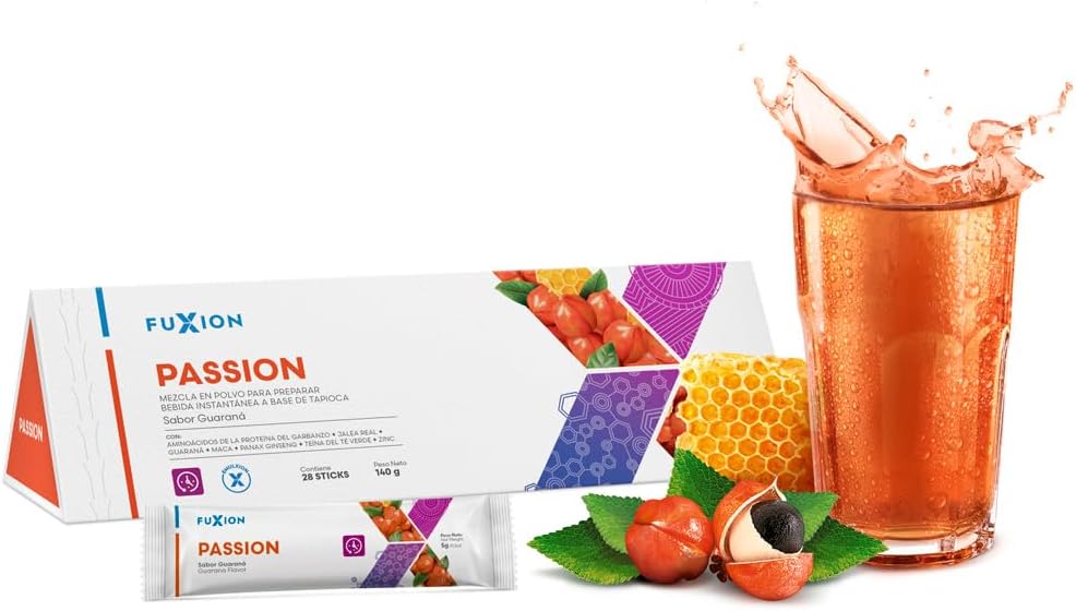 FUXION - PASSION Té Funcional | Mezcla de Aminoácidos + Maca + Ginseng + Jalea Real + Zinc | Energía y Vitalidad Natural para Hombre y Mujer | 1 Caja con 28 Sticks de 5g
