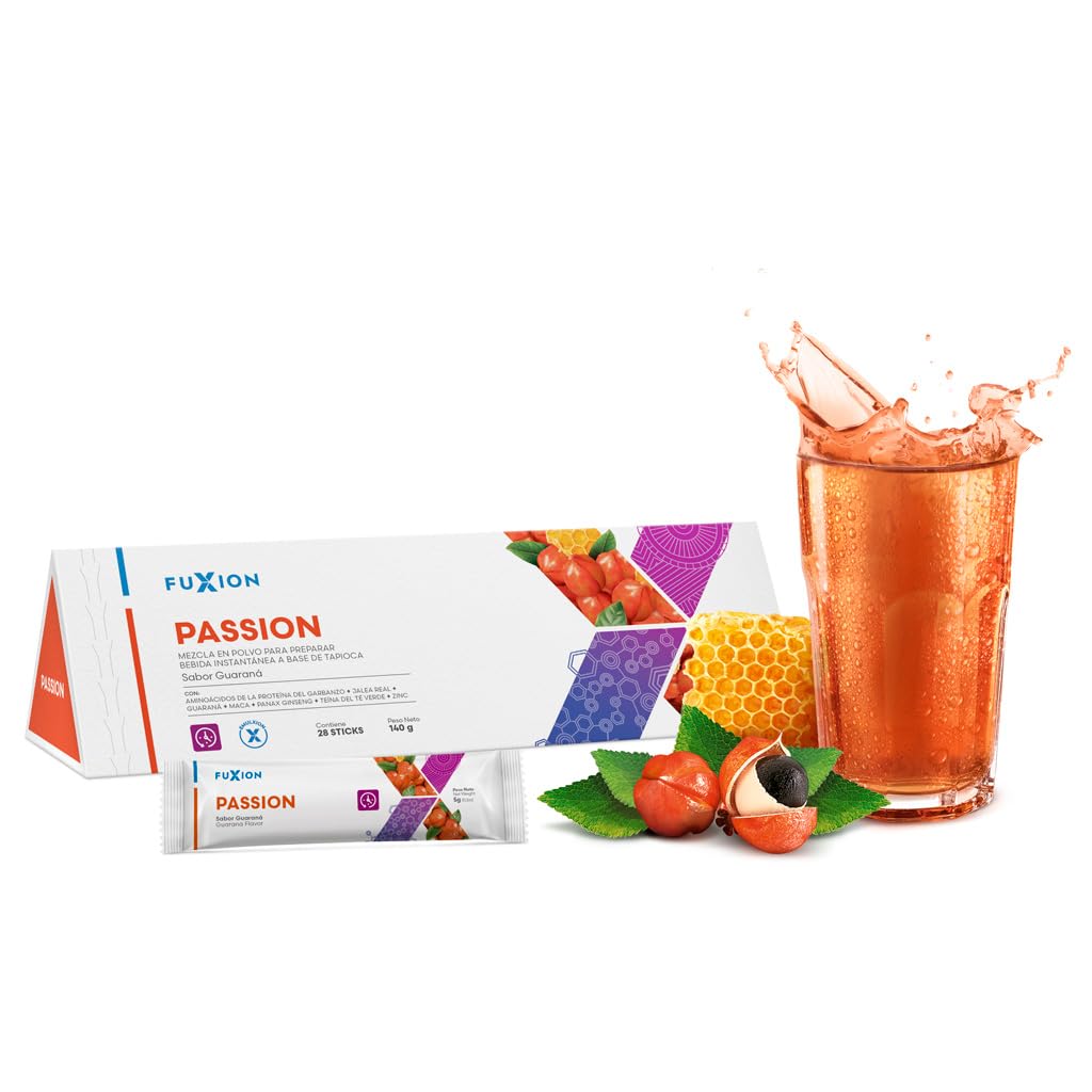 FUXION - PASSION Té Funcional | Mezcla de Aminoácidos + Maca + Ginseng + Jalea Real + Zinc | Energía y Vitalidad Natural para Hombre y Mujer | 1 Caja con 28 Sticks de 5g