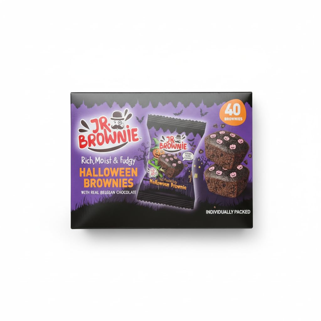 Mini Brownies de Chocolate Belga Edición de Halloween - Pack de 40 Unidades (1kg) - Bizcochos Tiernos Envasados Individualmente con Decoración Temática - Certificado Halal - NEXU