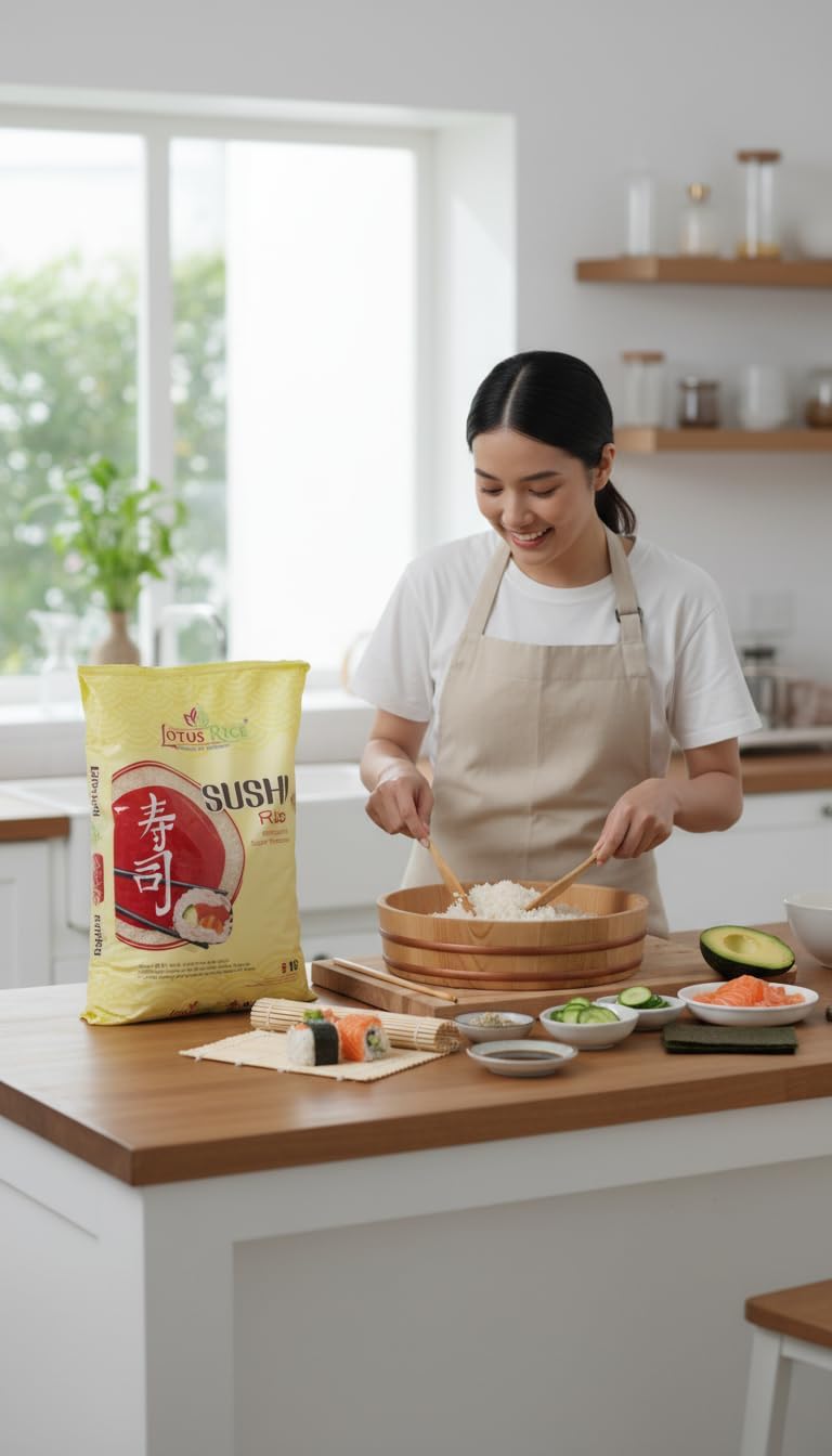 Arroz para Sushi Lotus Rice Grano Corto Premium 5kg - Arroz Japonés Superior para Sushi, Maki y Nigiri - Textura Tierna y Sabor Dulce Natural
