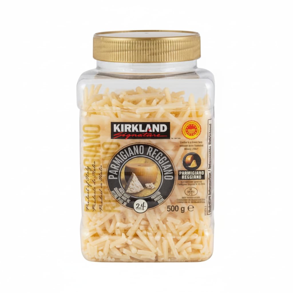 Parmigiano Reggiano Rallado - D.O.P. - Queso Italiano Madurado 24 Meses - Auténtico Sabor de Italia - Kirkland -Bolsa Resellable de 500g - NEXU