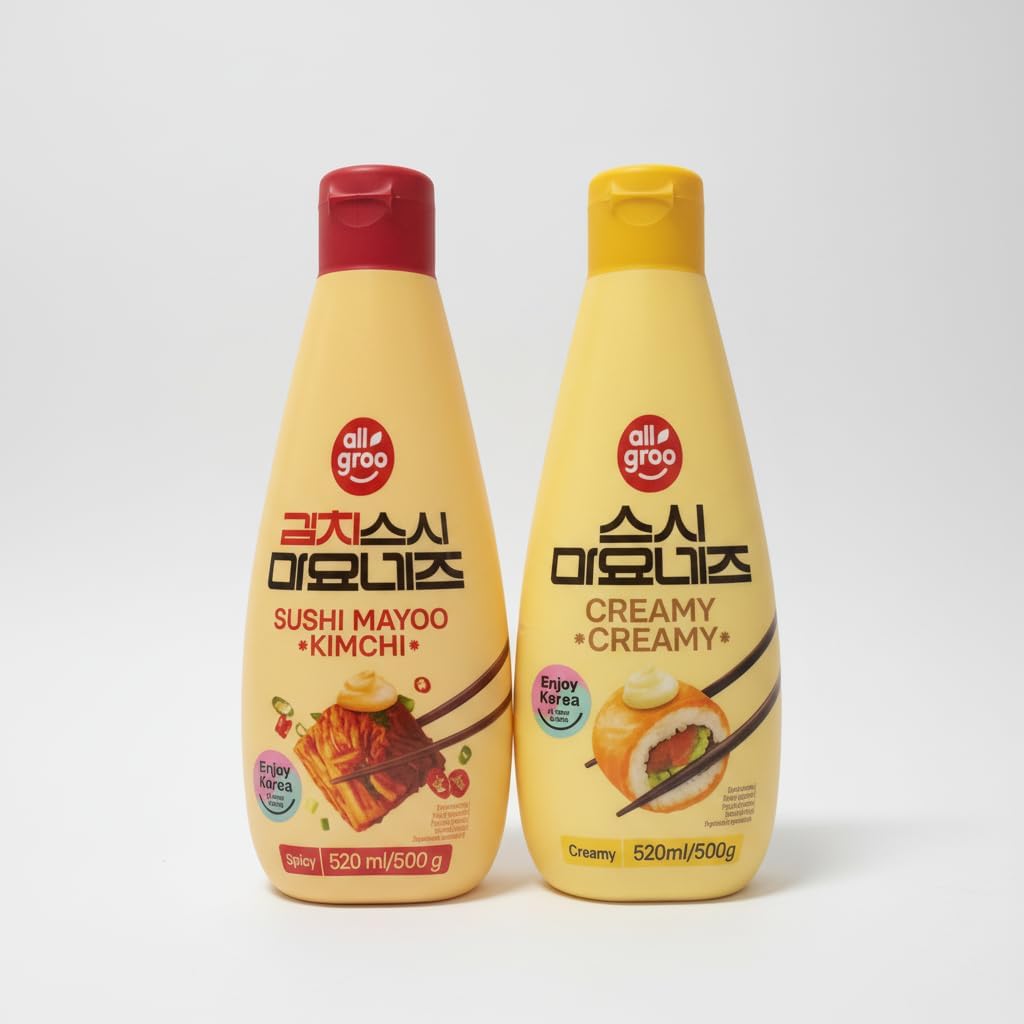 Pack de 2 Mayonesas para Sushi: Original Cremosa y Kimchi Picante - 2 x 520 ml - Allgroo - | Salsa Coreana para Sushi, Poke Bowls y Kimbap con Dispensador de Precisión - NEXU