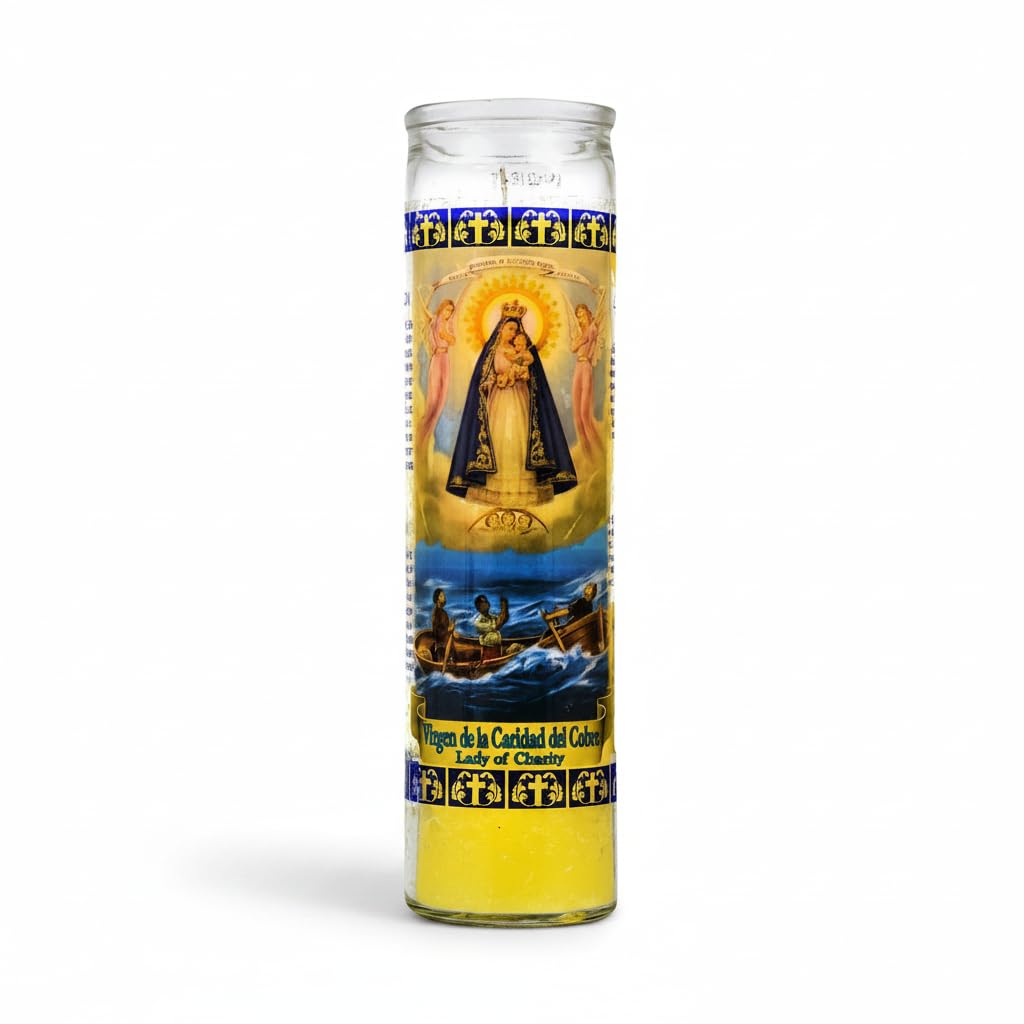 Vela de la Virgen de la Caridad del Cobre de 7 Días - Velón Amarillo para Oración y Devoción en Vaso de Cristal - Goya - 21 cm - 1 Unidad - NEXU