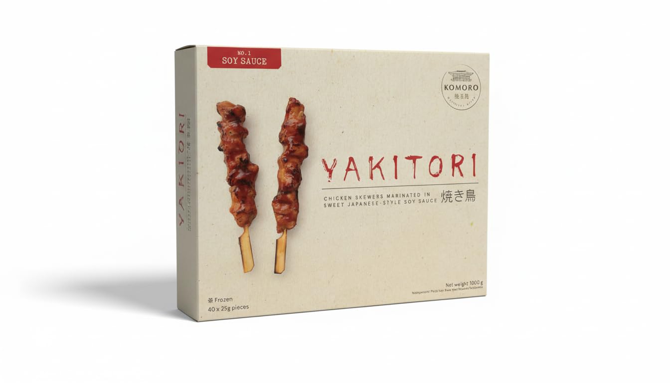 Komoro Oriental Bites - Yakitori de Pollo Marinado en Salsa de Soja Dulce Estilo Japonés, 40 Brochetas de 25g (1kg), Envío Refrigerado con Cadena de Frío Garantizada, Certificado Halal