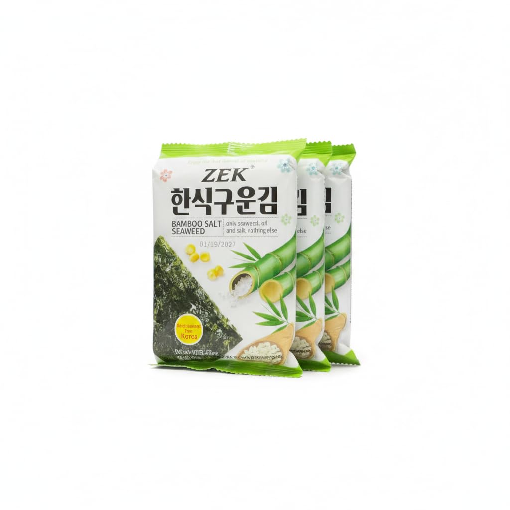 Algas Nori Tostadas con Sal de Bambú Coreanas - Pack de 3 (15g) - Aperitivo de Algas Marinas Crujientes y Naturales - Ideal para Sushi, Arroz o Snack Saludable - Sin Aditivos Artificiales - NEXU