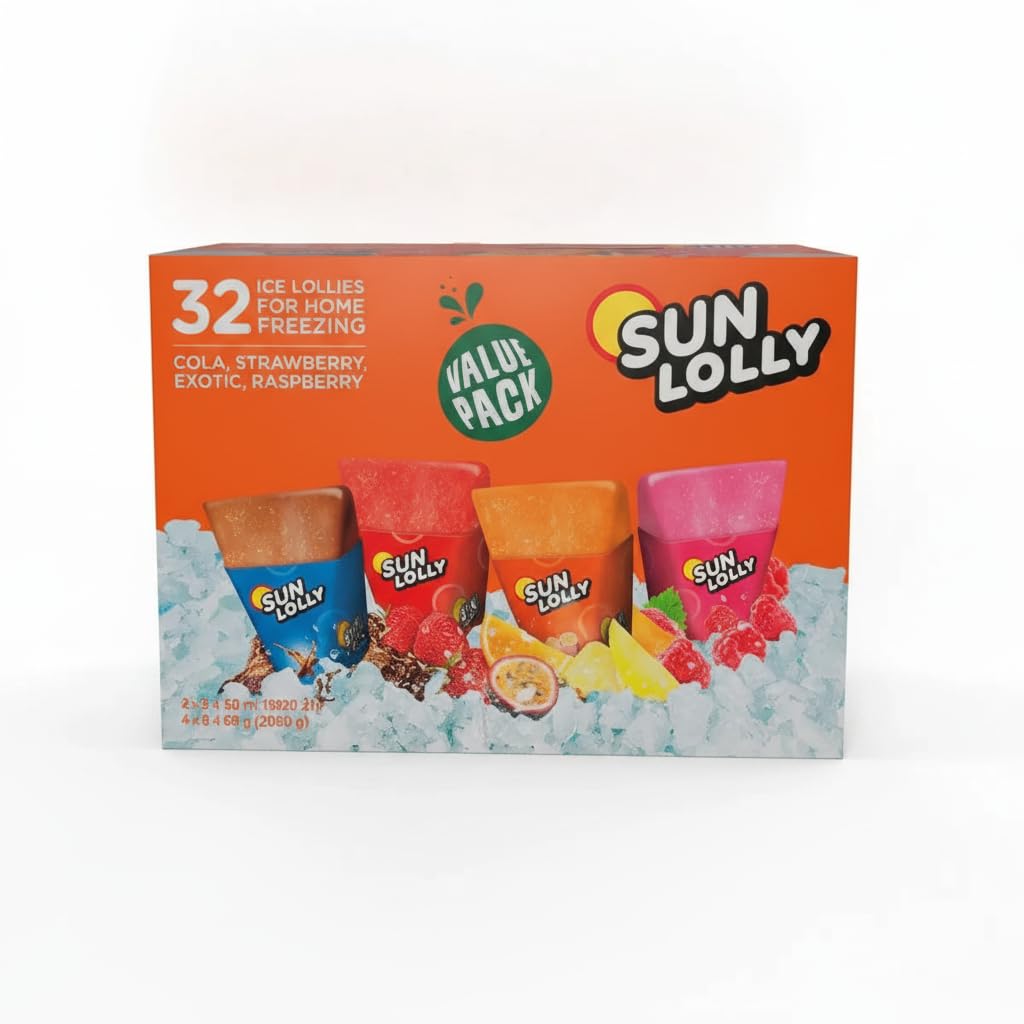 Pack Ahorro de 32 Polos para Comer en Casa - 4 Sabores Frutales: Cola, Fresa, Exótico y Frambuesa - Sin Conservantes - Sun Lolly - Formato Familiar 32 x 60ml (1,92 Litros) - NEXU
