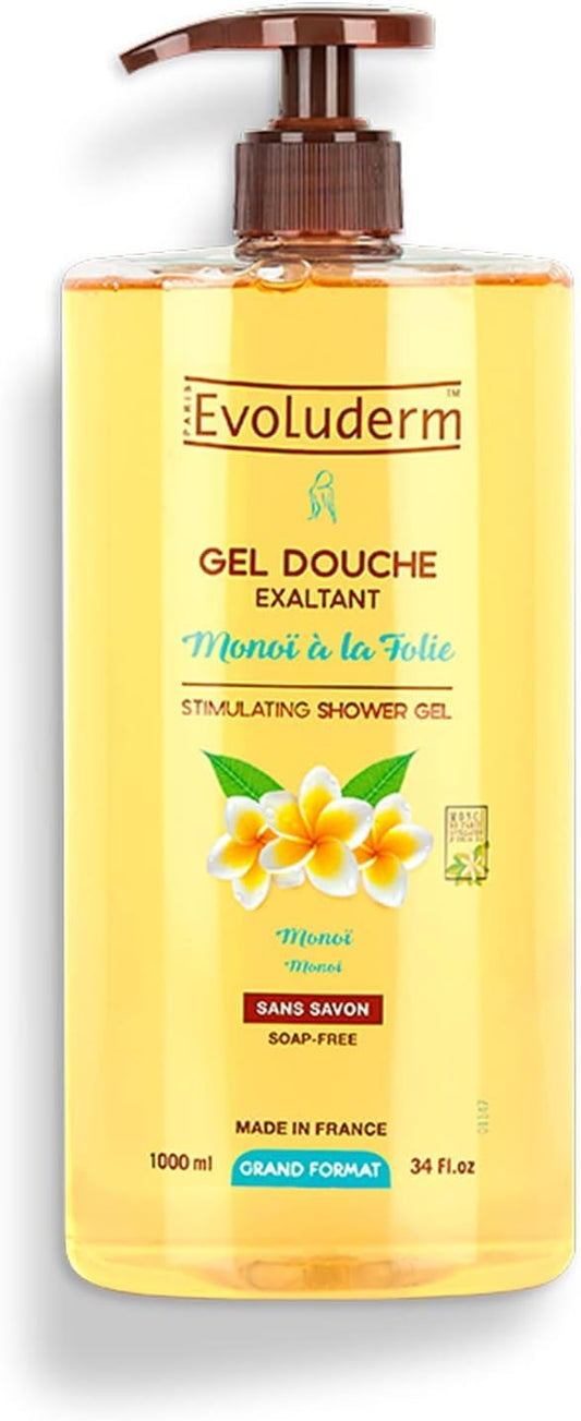 EVOLUDERM – Gel de ducha estimulante monoï a la locura – 1000 ml – 95% de origen natural – vegano – Fabricación francesa