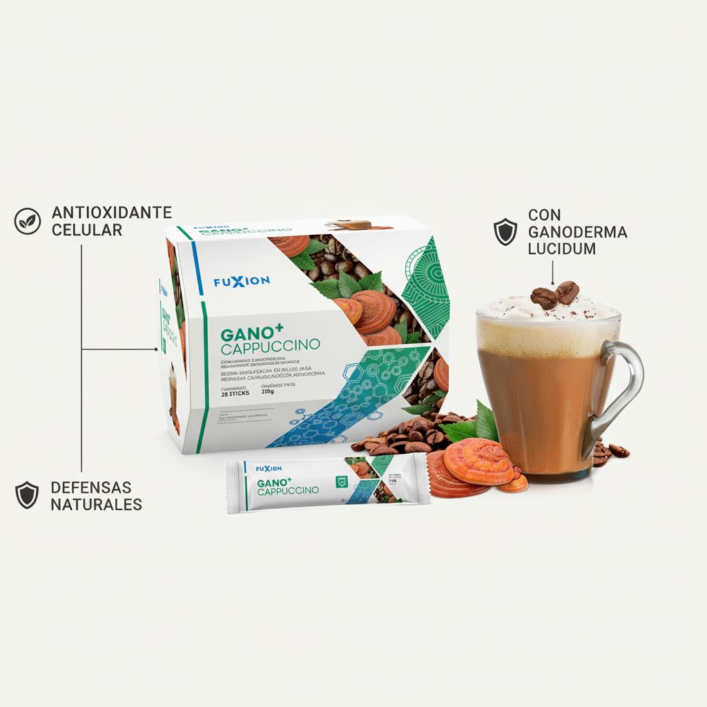 FUXION - GANO+ Cappuccino con Ganoderma Lucidum | Café Soluble Antioxidante | Bebida Cremosa con Micronutrientes para Defensas | Bienestar Diario | Fácil Preparación | 1 CAJA CON 28 STICK