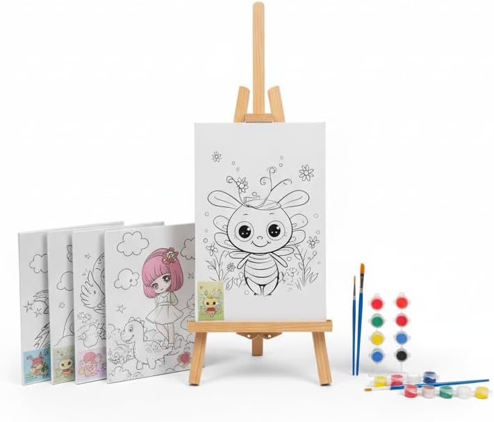 Set de Pintura  con 4 Lienzos Dibujados, Caballete de Madera, 4 Juegos de Pinturas y Pinceles - Kit Completo de Manualidades Infantiles y Actividades Creativas - Regalo Ideal